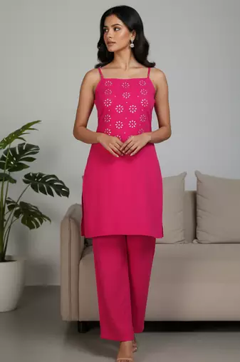 Pink floral printed cotton stitched co-ord set for women