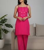 Pink floral printed cotton stitched co-ord set for women