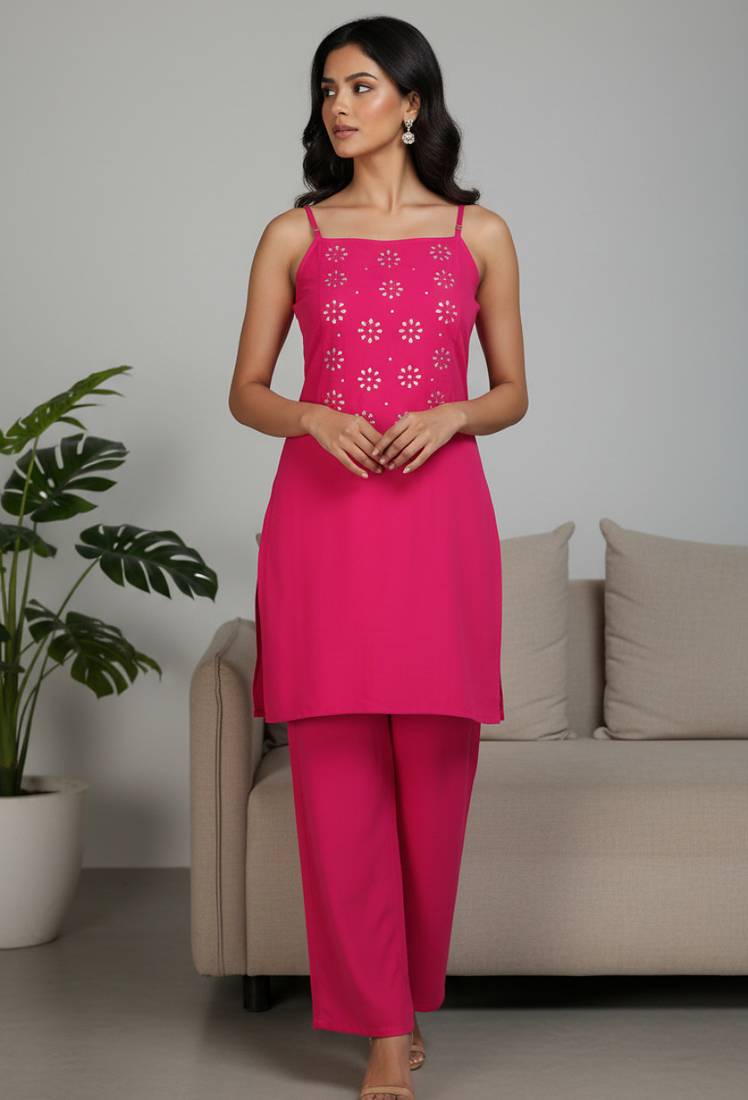 Pink floral printed cotton stitched co-ord set for women