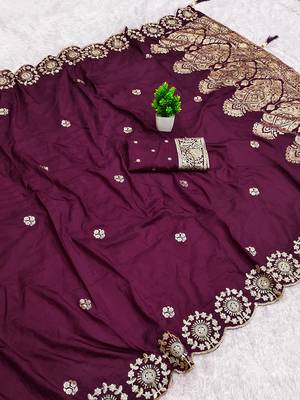 Wine satin with zari embrodery work saree with unstitched blouse piece 1