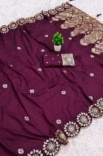Wine satin with zari embrodery work saree with unstitched blouse piece