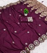 Wine satin with zari embrodery work saree with unstitched blouse piece