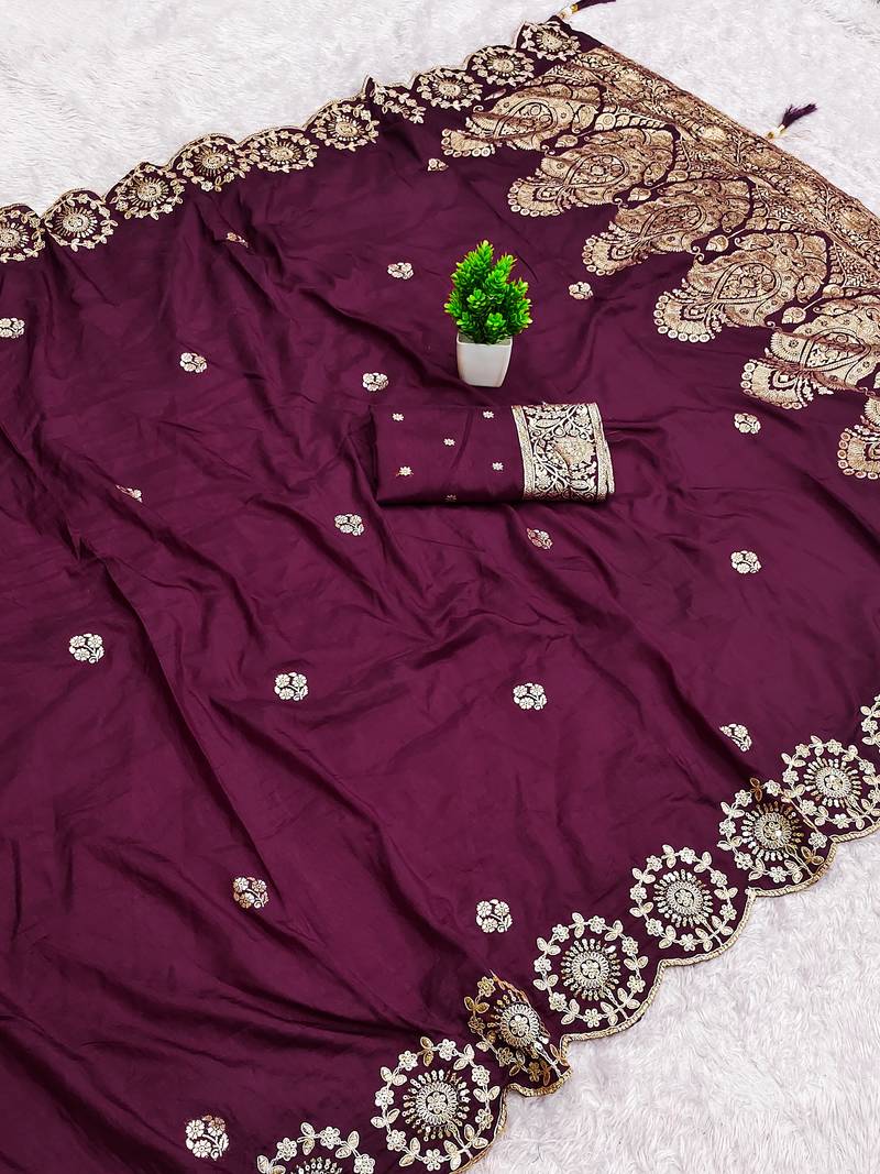 Wine satin with zari embrodery work saree with unstitched blouse piece