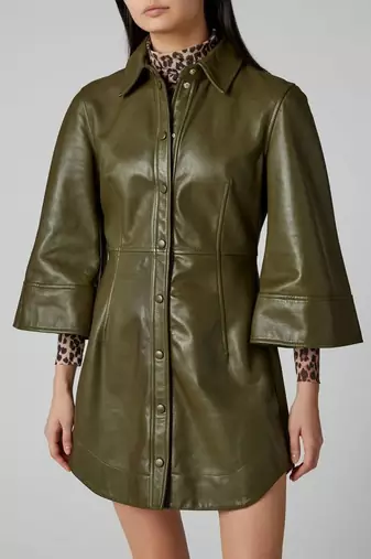 Women’s lambskin leather rich olive dressa-line/bell shape sleeves