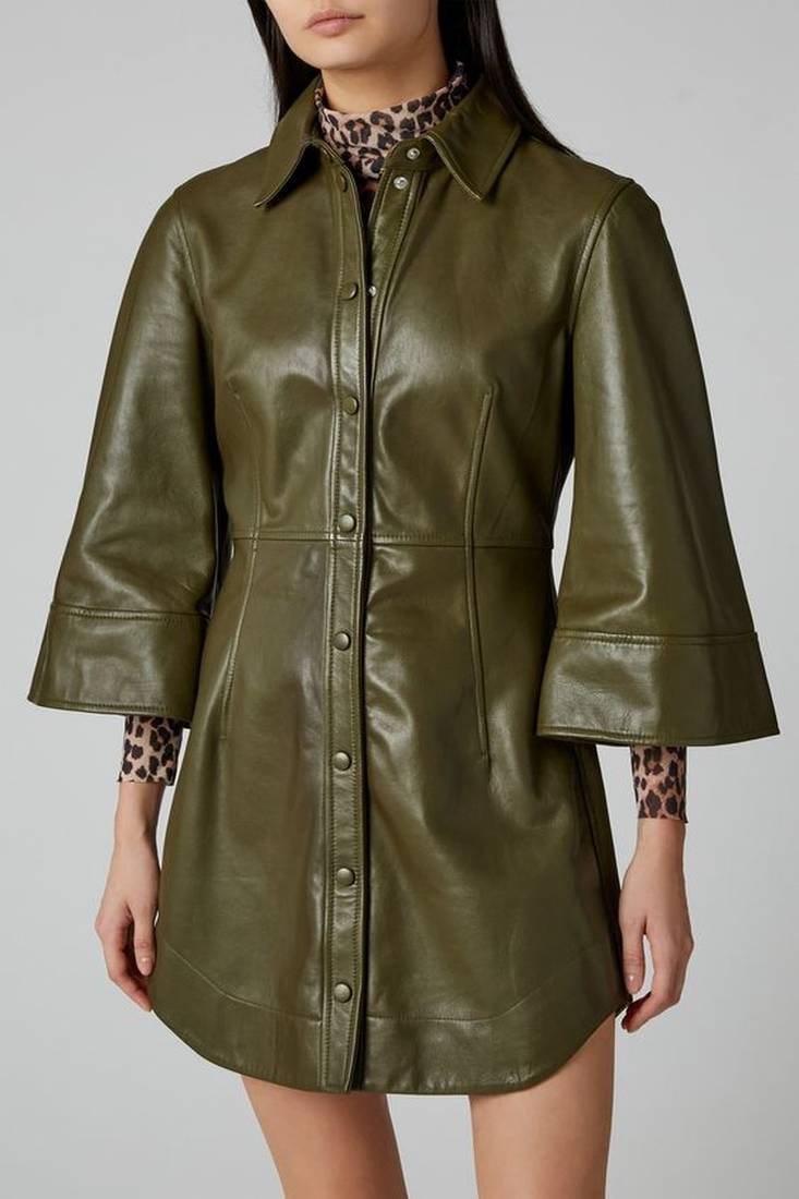 Women’s lambskin leather rich olive dressa-line/bell shape sleeves