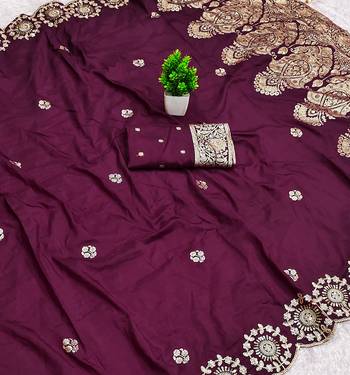 Wine satin with zari embrodery work saree with unstitched blouse piece 2