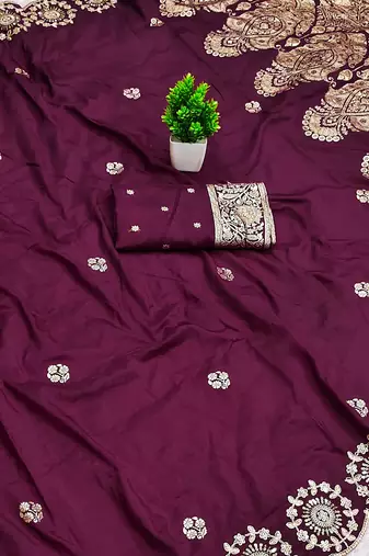 Wine satin with zari embrodery work saree with unstitched blouse piece