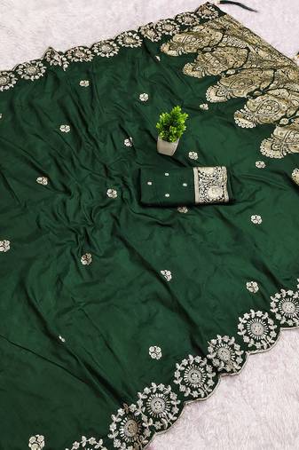 Green satin with zari embrodery work saree with unstitched blouse piece