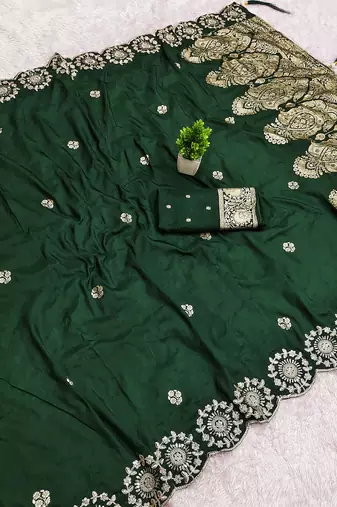 Green satin with zari embrodery work saree with unstitched blouse piece