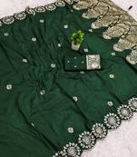 Green satin with zari embrodery work saree with unstitched blouse piece