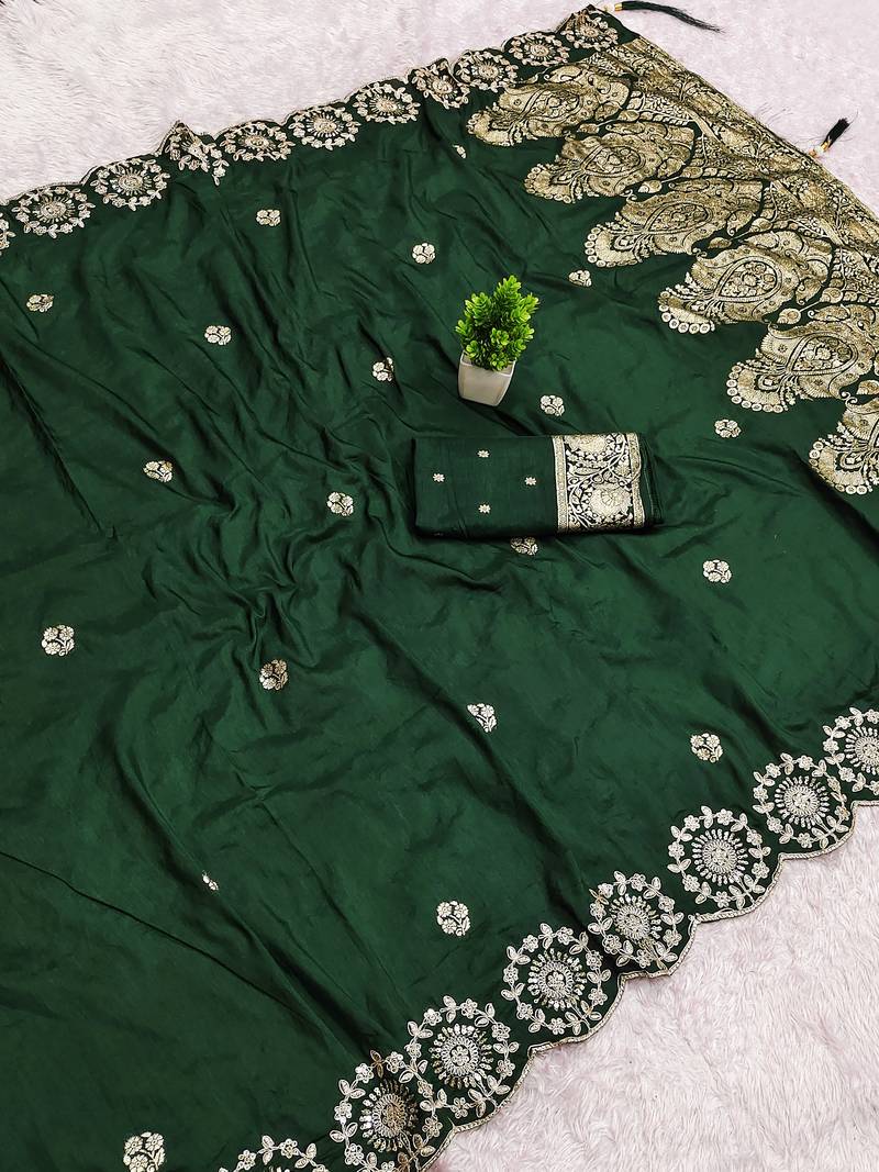 Green satin with zari embrodery work saree with unstitched blouse piece