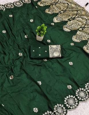 Green satin with zari embrodery work saree with unstitched blouse piece 2