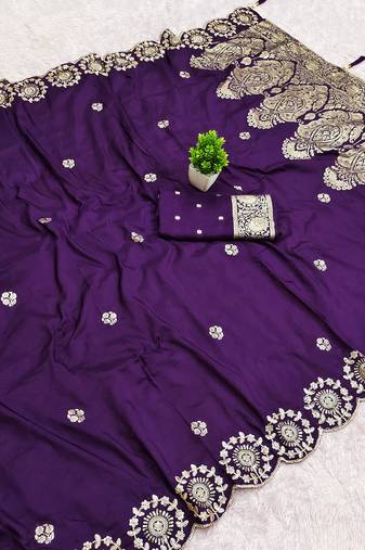Purple satin with zari embrodery work saree with unstitched blouse piece