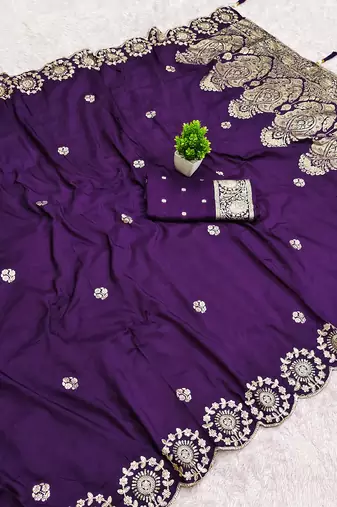 Purple satin with zari embrodery work saree with unstitched blouse piece