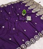 Purple satin with zari embrodery work saree with unstitched blouse piece