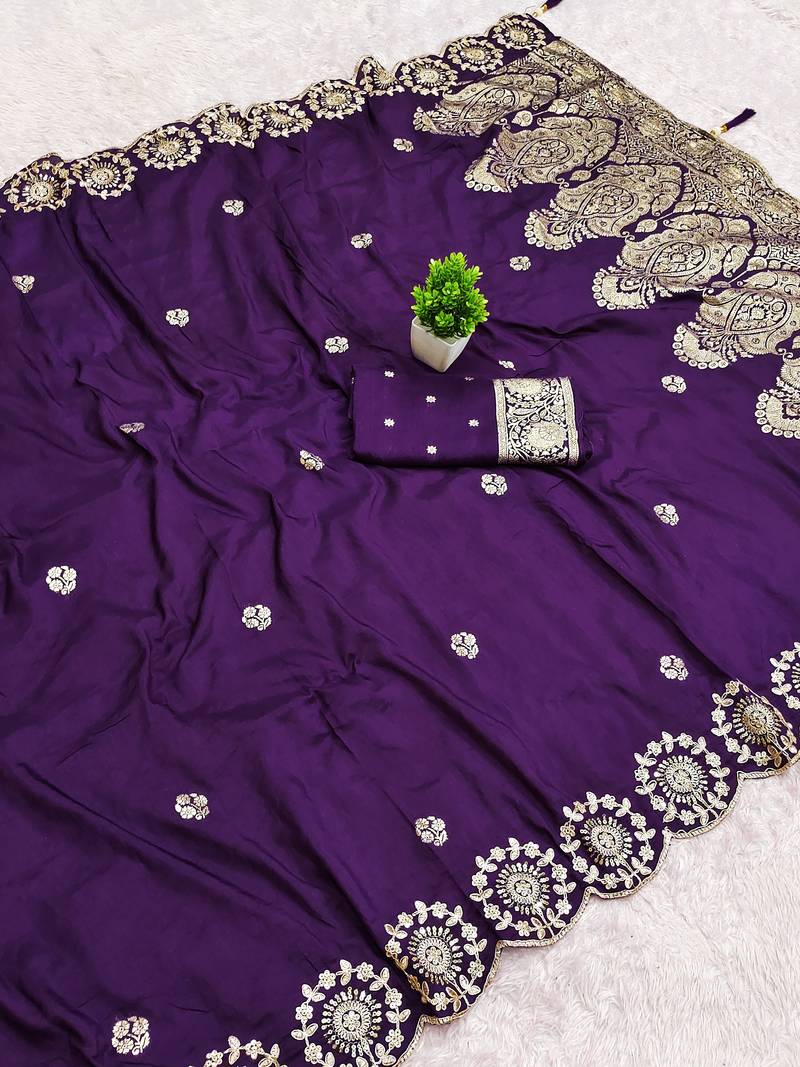Purple satin with zari embrodery work saree with unstitched blouse piece