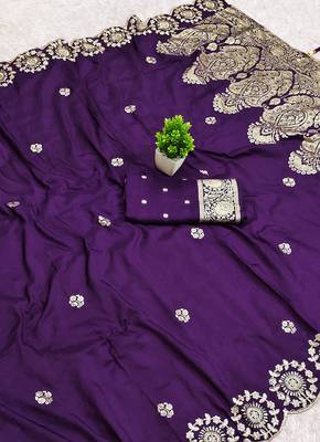 Purple satin with zari embrodery work saree with unstitched blouse piece 2