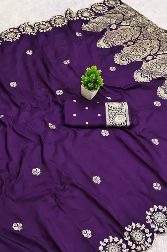 Purple satin with zari embrodery work saree with unstitched blouse piece