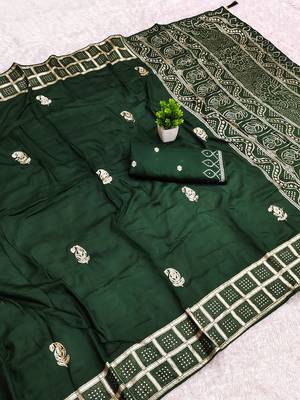 Green satin with zari embrodery work saree with unstitched blouse piece 1