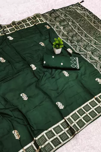 Green satin with zari embrodery work saree with unstitched blouse piece