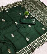 Green satin with zari embrodery work saree with unstitched blouse piece