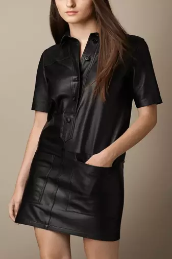Women’s black shirt half sleeve lambskin leather with button
