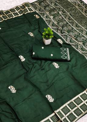 Green satin with zari embrodery work saree with unstitched blouse piece 2