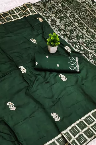 Green satin with zari embrodery work saree with unstitched blouse piece