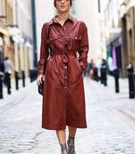 Genuine lambskin burgundy dresswith buttom & belt detail