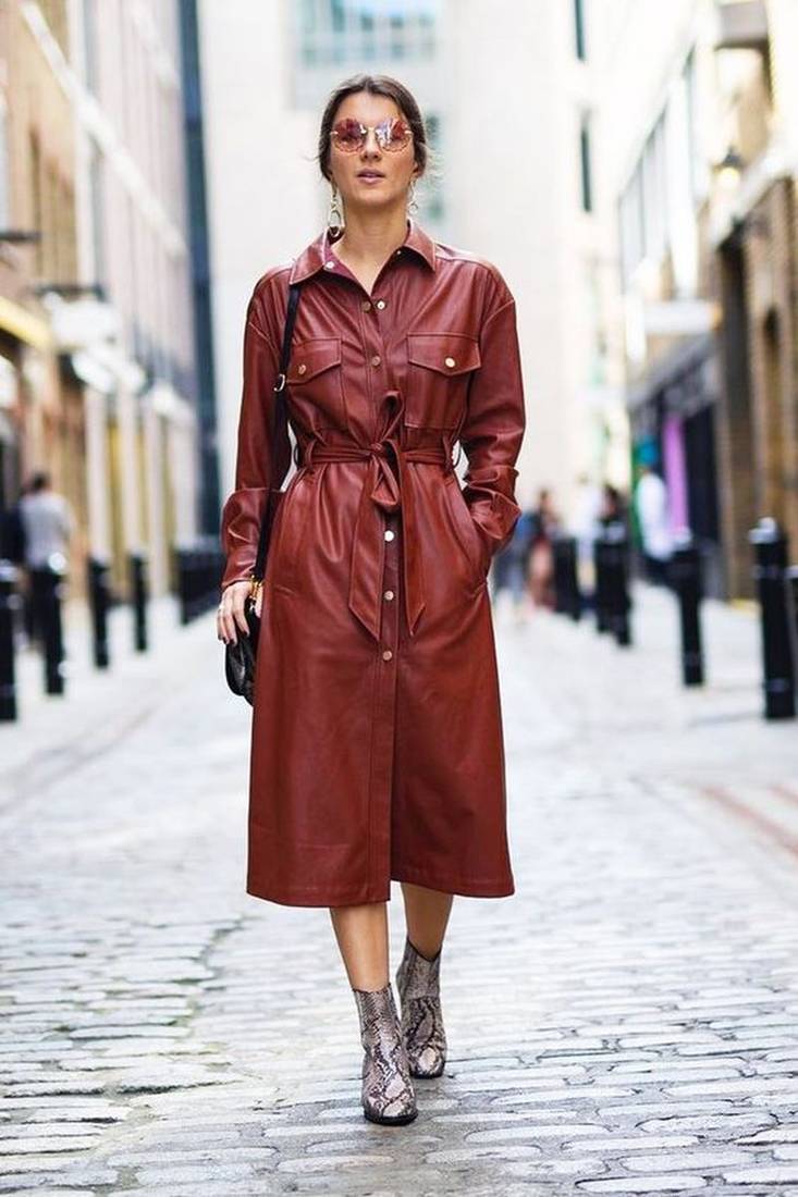Genuine lambskin burgundy dresswith buttom & belt detail