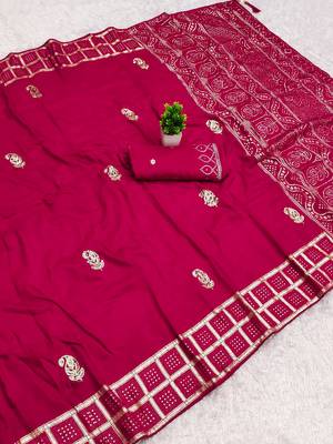 Rani pink satin with zari embrodery work saree with unstitched blouse piece 1