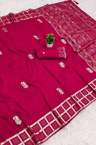 Rani pink satin with zari embrodery work saree with unstitched blouse piece