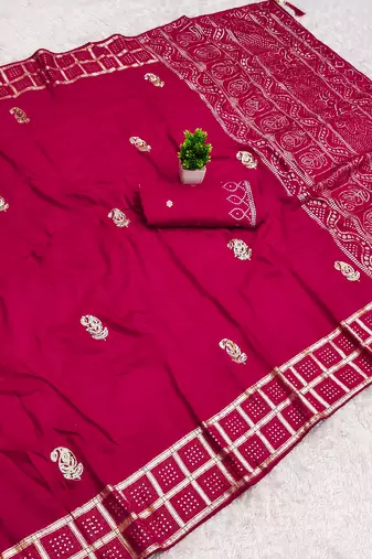 Rani pink satin with zari embrodery work saree with unstitched blouse piece