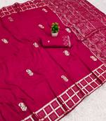 Rani pink satin with zari embrodery work saree with unstitched blouse piece