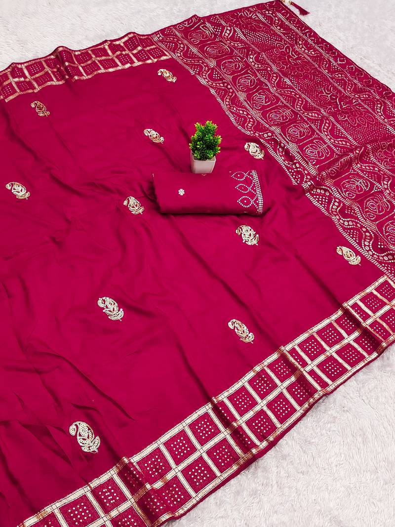 Rani pink satin with zari embrodery work saree with unstitched blouse piece