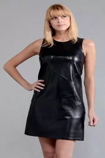 Women’s genuine lambskin black dresssleeveless dress