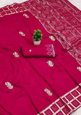 Rani pink satin with zari embrodery work saree with unstitched blouse piece 2