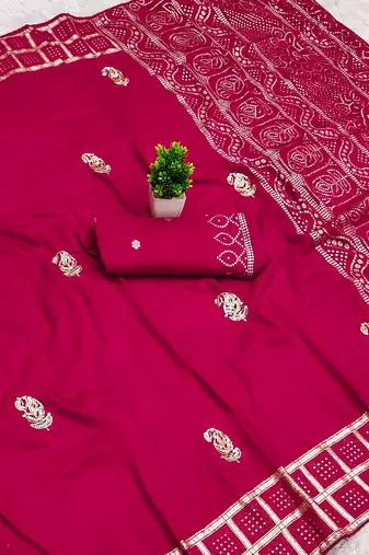Rani pink satin with zari embrodery work saree with unstitched blouse piece