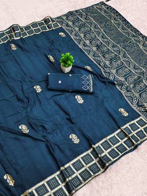 Blue satin with zari embrodery work saree with unstitched blouse piece 1