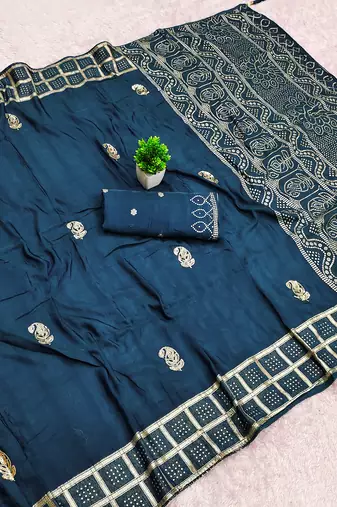 Blue satin with zari embrodery work saree with unstitched blouse piece