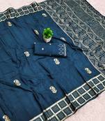 Blue satin with zari embrodery work saree with unstitched blouse piece