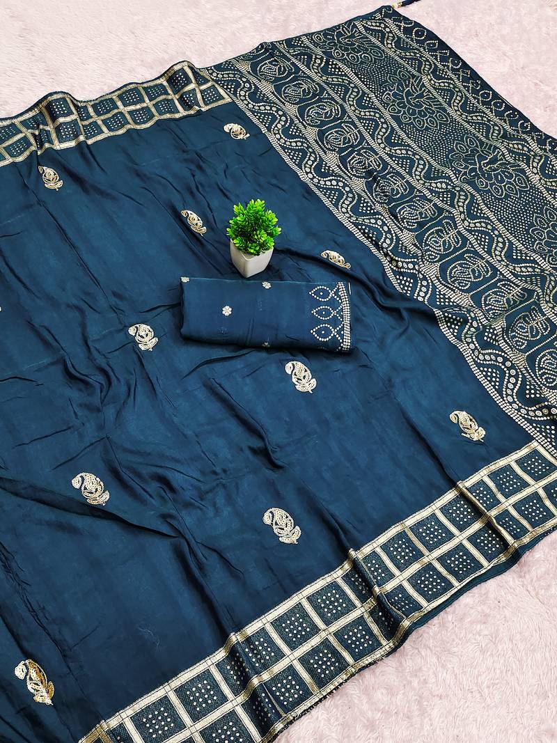 Blue satin with zari embrodery work saree with unstitched blouse piece