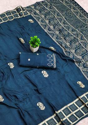 Blue satin with zari embrodery work saree with unstitched blouse piece 2