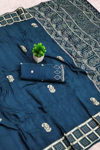 Blue satin with zari embrodery work saree with unstitched blouse piece