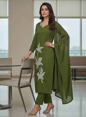 Olive floral printed cotton stitched kurta set with palazzo & dupatta for women 3