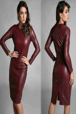 Women’s genuine lambskin red dressmini long sleeve dress 1