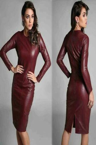 Women’s genuine lambskin red dressmini long sleeve dress