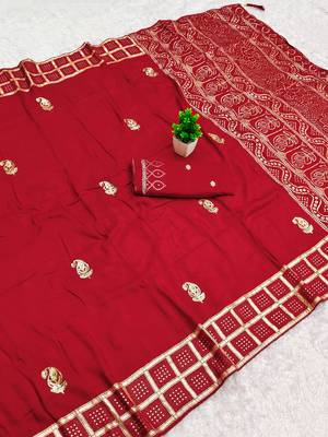 Red satin with zari embrodery work saree with unstitched blouse piece 1