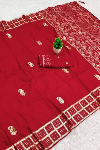 Red satin with zari embrodery work saree with unstitched blouse piece