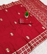 Red satin with zari embrodery work saree with unstitched blouse piece